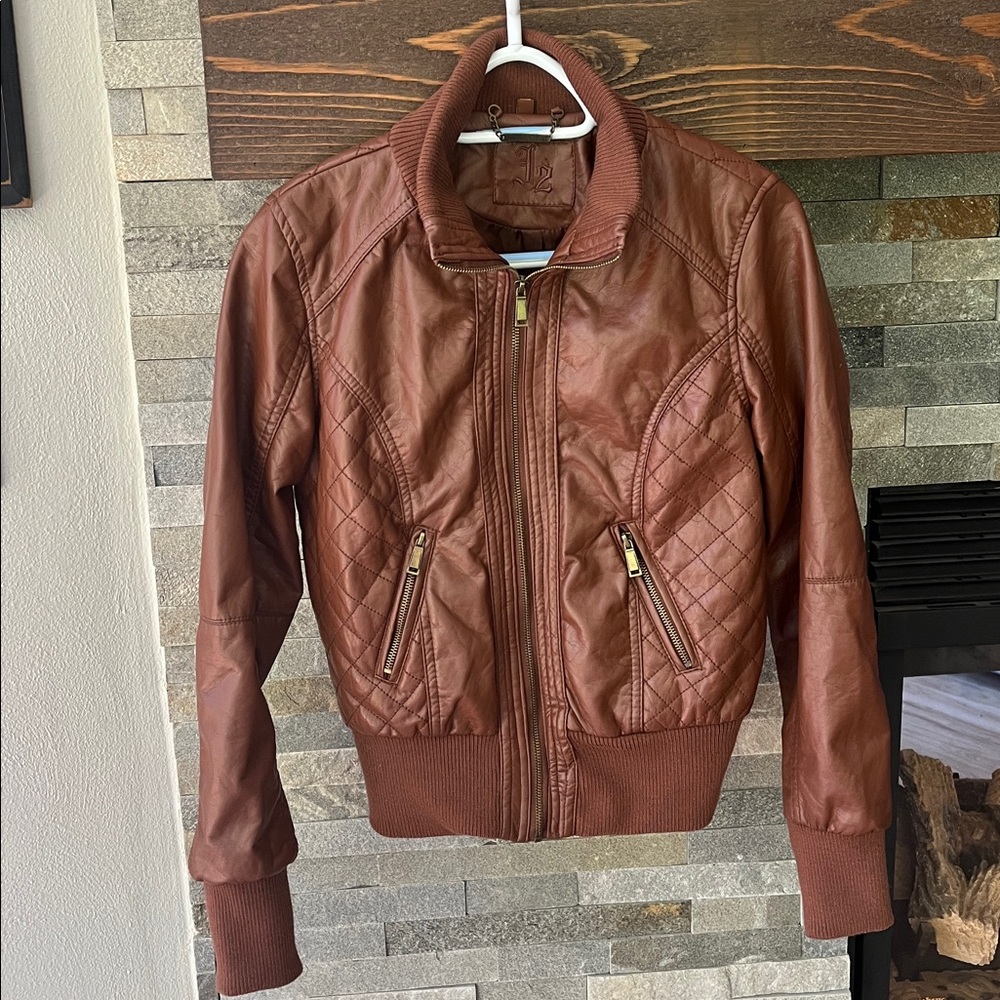 Brown Faux Leather Bomber Jacket